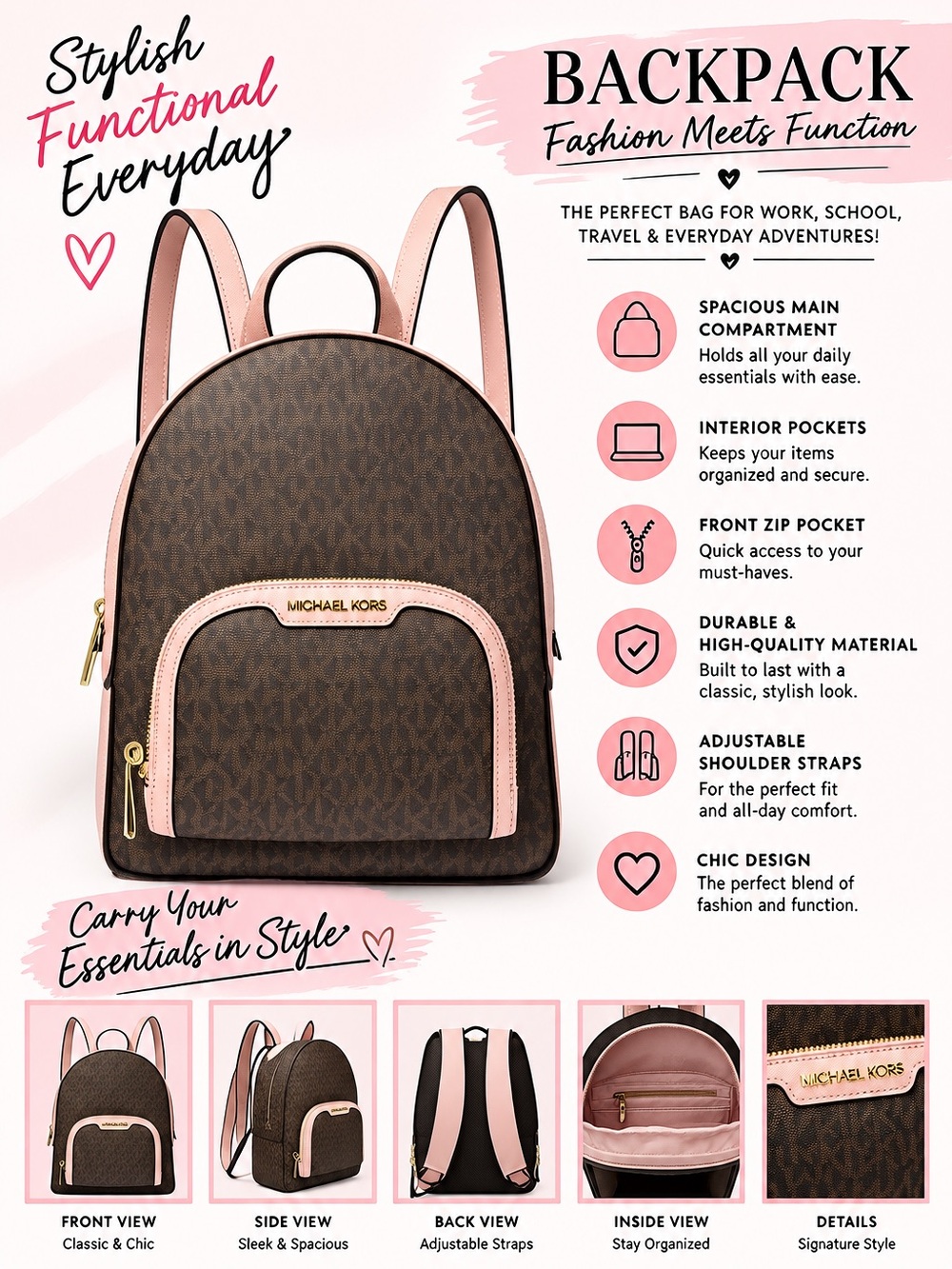 Michael Kors Brown & Pink Signature Logo Backpack